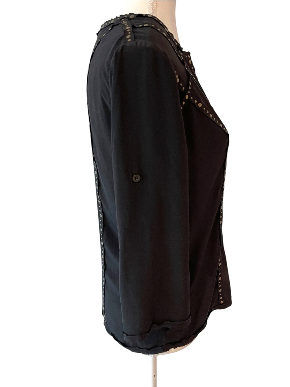 BCBG Maxazria Black Silk Studded V-Neck 3/4 Sleeves Blouse - Picture 3 of 8